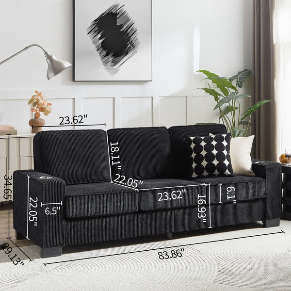 English Elm 83.86"Corduroy comfy sofa with resilient sponge & spring cushions, stylish modern 3-seater for living spaces Black W1359P215065