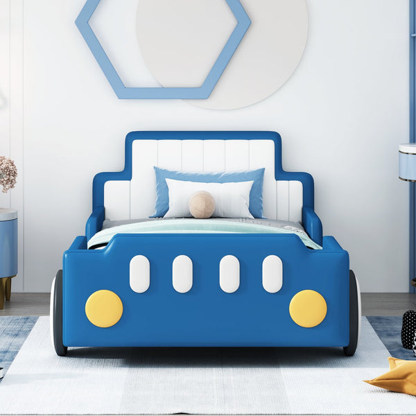 English Elm Twin Race Car-Shaped Platform Bed with Safety Rails and Sturdy Slats for Kids’ Room Comfort Blue SF000127AAC