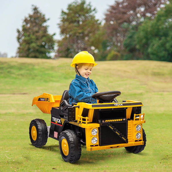 English Elm Qaba 12v Kids Dump Truck Ride on with Electric Bed Shovel and Spring Suspension W2225P249822