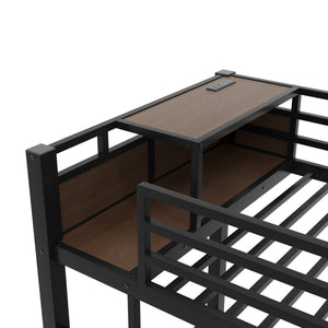 English Elm Full Size Metal Loft Bed with Stair Storage Shelves Bookshelf for Dorms Bedroom W1580S00346