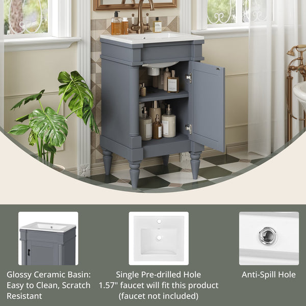 English Elm 18-Inch Modern Bathroom Vanity with Sink Compact Retro Design Durable MDF & Solid Wood Legs Storage-Friendly Gray N710P257401E