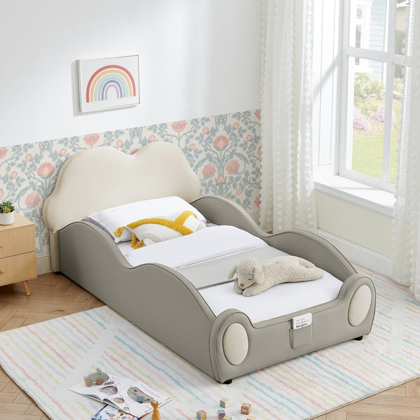 English Elm Twin Cloud Shaped Toddler Bed Upholstered Pu Leather with Guardrails and Storage Pocket Beige W1413S00186