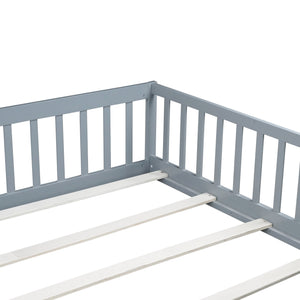 English Elm Queen Floor Bed with Safety Fence and Guardrails, Rubberwood Low Profile Platform for Kids Grey W504P286386