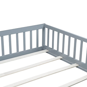 English Elm Queen Rubber Wood Floor Bed with Full Perimeter Safety Fence and Hinged Access Door Grey W504P429339