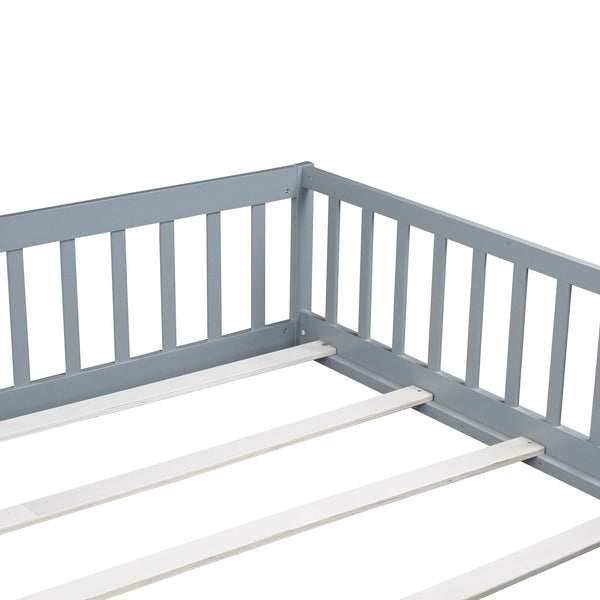 English Elm Queen Rubber Wood Floor Bed with Full Perimeter Safety Fence and Hinged Access Door Grey W504P429339