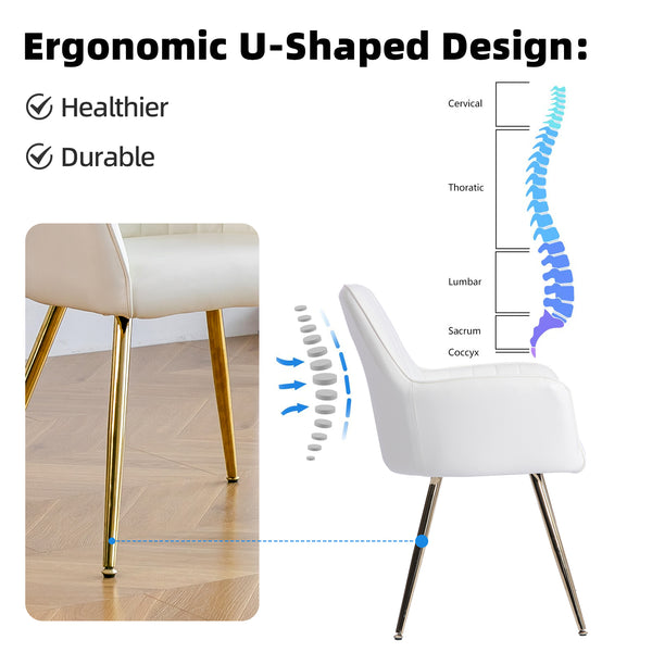 English Elm Faux Leather Mid-Back Dining Chairs Set of 2 with Gold-Plated Legs, Removable Cushions, White Elegance W3394P329169