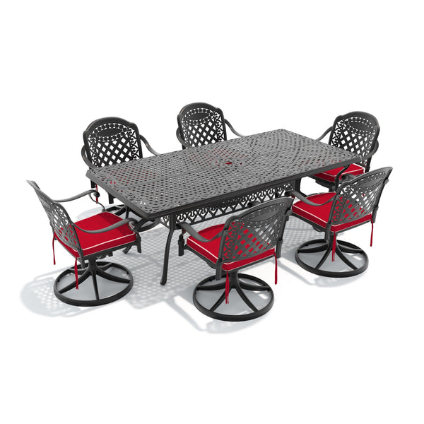 English Elm 7-piece Cast Aluminum Outdoor Dining Set with Ornate Swivel Chairs and Rectangular Table W1710S00329