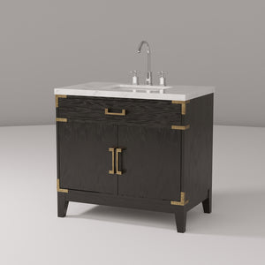 English Elm Black Oak Single-Sink Vanity 36" W With Carrara Marble Top & Chrome Faucet Set For Elegant Storage B2731P260918