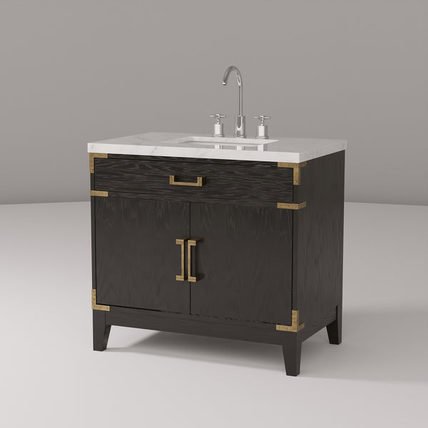 English Elm Black Oak Single-Sink Vanity 36" W With Carrara Marble Top & Chrome Faucet Set For Elegant Storage B2731P260918