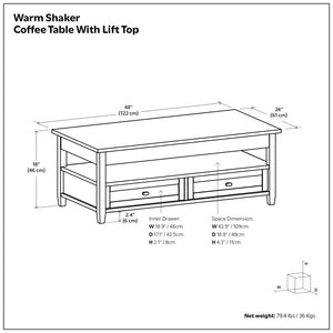English Elm Warm Shaker Solid Wood Lift Top Coffee Table with Storage Drawers and Open Shelf B136P429089