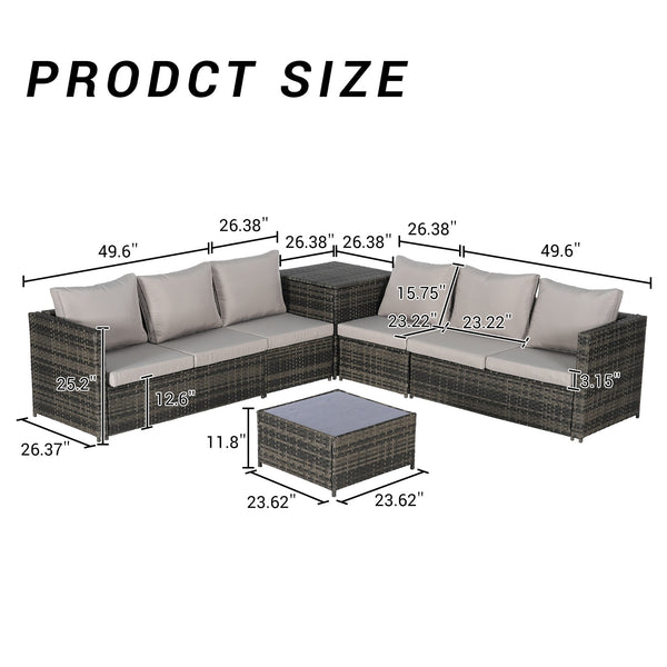 English Elm 6 6-Piece Wicker Patio Sectional Set with Tempered Glass Coffee Table, Weather-Resistant Rattan Sofa Light Gray W874S00028