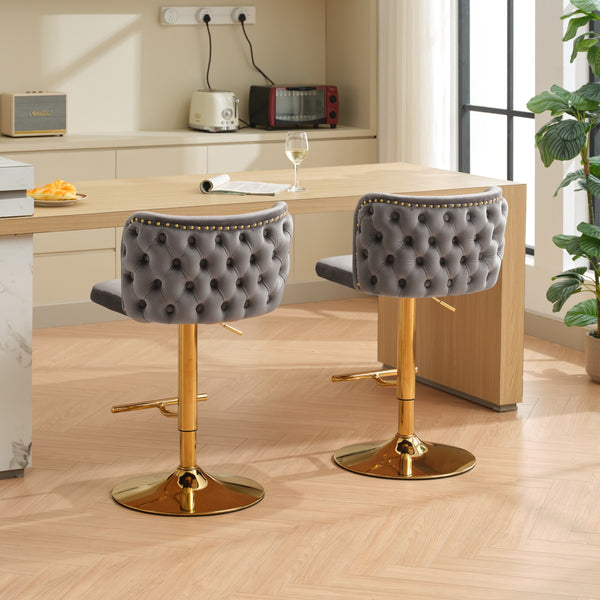 English Elm A&A Velvet Tufted Swivel Barstool with Ergonomic Back and Gold-Plated 17.7" Base, Set of 2 Gray W1143P204046