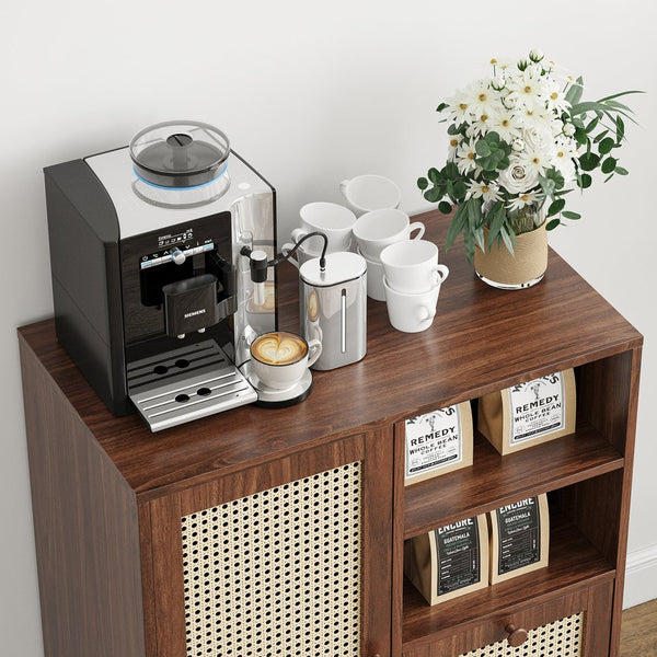 English Elm Rattan Cane Front Sideboard with Drawers Adjustable Shelf Bohemian Storage Cabinet Walnut T3623P434733