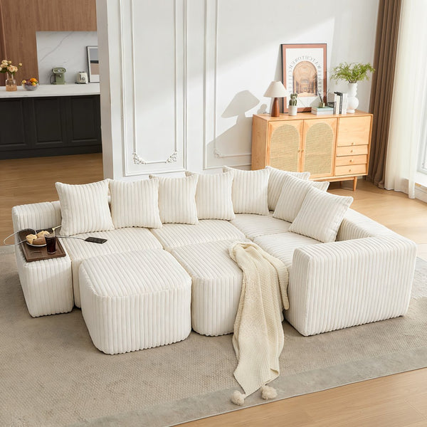English Elm [new U-shaped Corduroy Sectional with Usb Charging Console and Movable Modules Beige W2108S00176