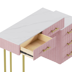 English Elm Velvet Upholstered Vanity Desk Set with Marble-Look Top, Padded Chair, 5 Spacious Drawers & Gold Accents Pink 17.5 L x 16.3 W x 16.1 H N733S272606H