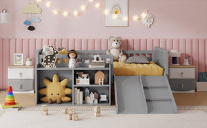 English Elm Twin Low Loft Bed for Kids with Slide Climbing Structure and Movable Bookshelf W2593P457237