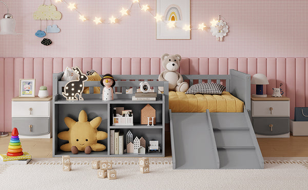 English Elm Twin Low Loft Bed for Kids with Slide Climbing Structure and Movable Bookshelf W2593P457237