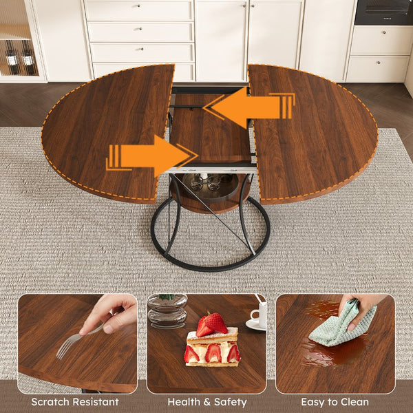 English Elm 43 Inch Expandable Round Dining Table Walnut Veneer Seats Six with Metal Storage Shelf Walnut+Black W2700P411580