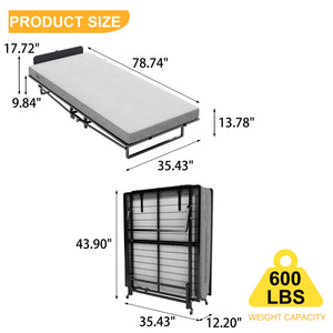 English Elm Metal Folding Bed Frame with 4" High-Density Foam Mattress, 300 lb Capacity, Compact 14" Foldable Rollaway with Wheels for Guests W1960P381470
