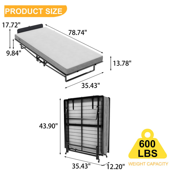 English Elm Metal Folding Bed Frame with 4" High-Density Foam Mattress, 300 lb Capacity, Compact 14" Foldable Rollaway with Wheels for Guests W1960P381470