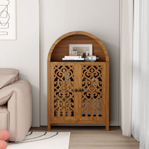 English Elm Hand-carved Solid Wood Tall Narrow Cabinet with Floral Arched Doors and Open Shelving W3123P485765