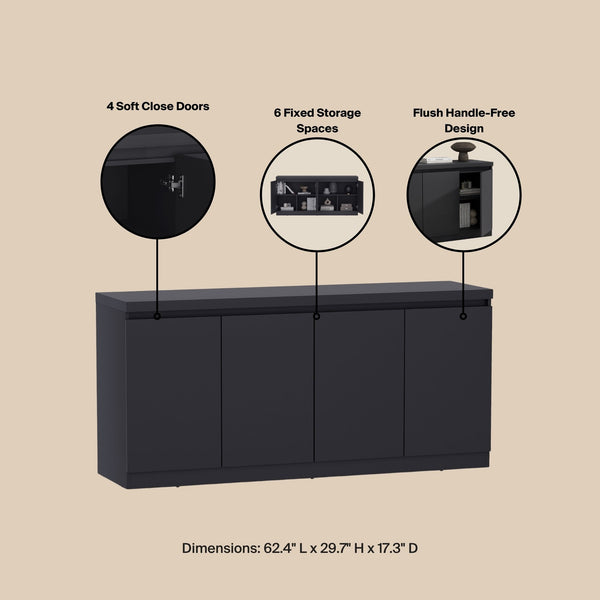 English Elm Sideboard Matte Black Four Door Storage Cabinet for Dining Room or Entryway B365P415822