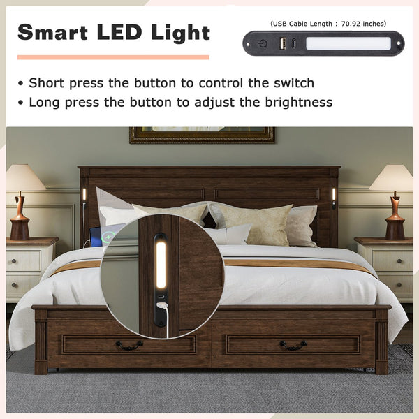 English Elm King Pine Wood Storage Bed with Led Lighting Usb Charging Tall Panel Headboard Walnut W504S00270