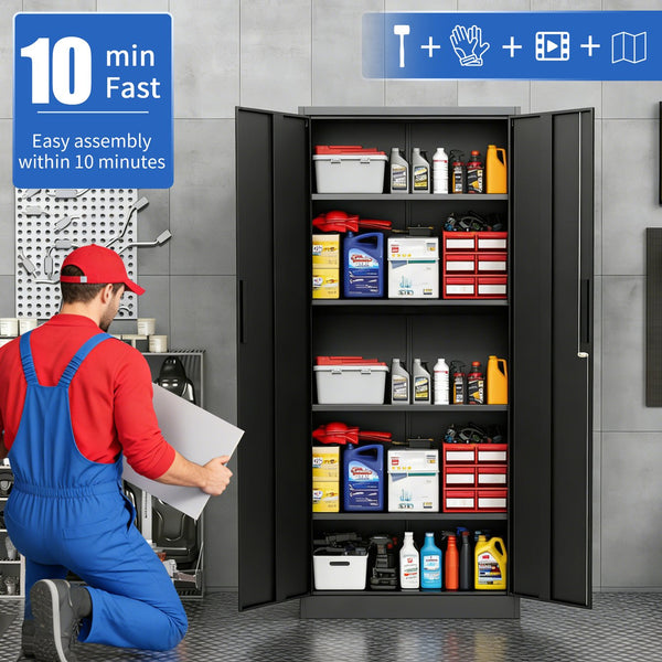 English Elm 72"h Steel Locking Storage Cabinet 4 Adjustable Shelves Powder Coated Garage Office W2735P457281