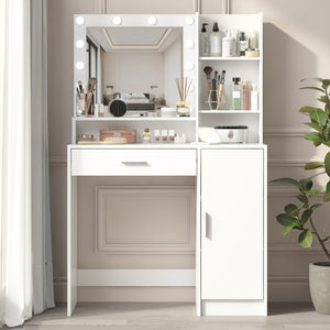 English Elm Vanity LED Mirror Dressing Table with 12 Bulbs, Adjustable 3-Mode Brightness and Large Drawer Storage White W3457P336676