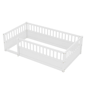 English Elm Twin Montessori Floor Bed Frame for Kids – Pine Playroom Bed with Fence for Reading & Imaginative Play White W1580P307878