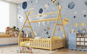 English Elm Twin Montessori Floor Bed House Frame with Led Lighting and Safety Rails for Kids Natural W2593P440573