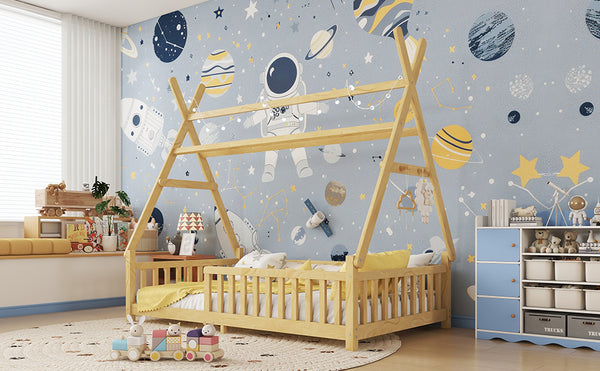 English Elm Twin Montessori Floor Bed House Frame with Led Lighting and Safety Rails for Kids Natural W2593P440573