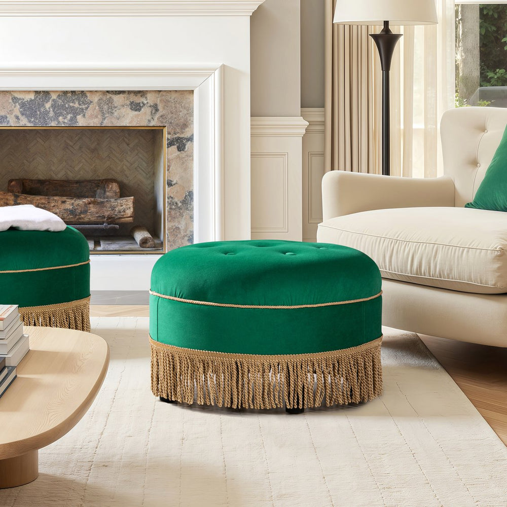 English Elm Yolanda Velvet Round Ottoman with Gold Bullion Fringe Jewel Toned Artisan Accent Piece B2719P364403