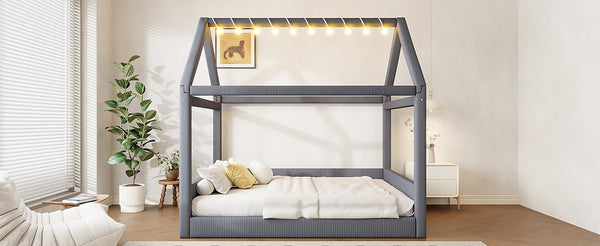 English Elm Full Size Upholstered House Daybed With Led Light Strips, Cozy Grey Corduroy For Stylish Spaces N7500001335E