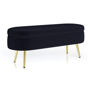English Elm Ottoman Oval Flannel Storage Bench with Matte Metal Legs for Bedroom or Living Room Black W487P438627
