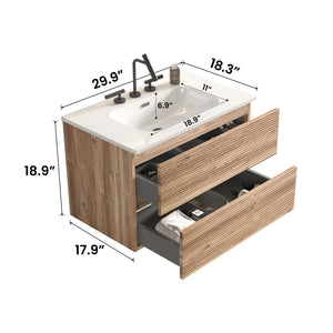 English Elm Gloria 30 Inch Floating Bathroom Vanity Rough Oak Finish with Ceramic Sink Modern Bath W1865S00196