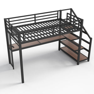 English Elm Twin Xl Metal Loft Bed with Stair Storage Shelves Sturdy Steel Frame for Dorms W1580S00481