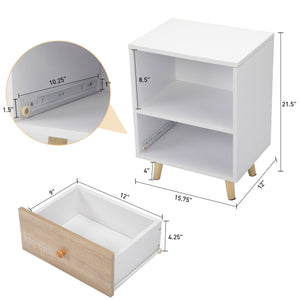 English Elm 2 Bedside Cupboard with Drawer and Shelf, White Nightstand with Pine Legs, Compact 15.75"L x 12"W x 21.5"H, Modern Storage Solution W2181P357561
