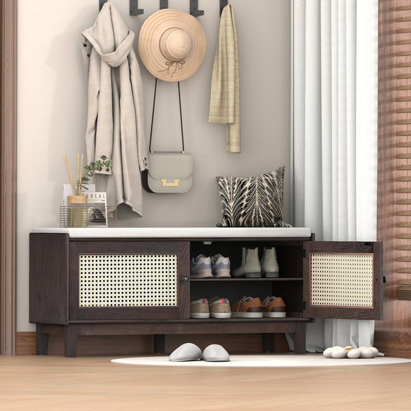 English Elm Trexm Bohemian Rattan Storage Bench Cushioned Seat Shoe Cabinet for Entryway Beige,Espresso N715P308012P