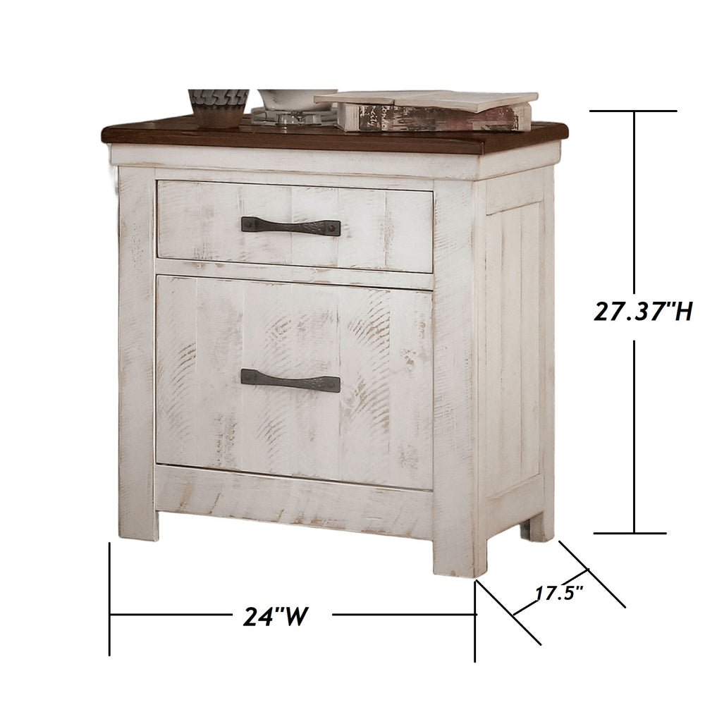English Elm Plank Distressed White Transitional Nightstand 2-Drawer Solid Wood Bedside Table with Brass Arch Pulls and Felt-Lined French Dovetail Drawers B011P378480