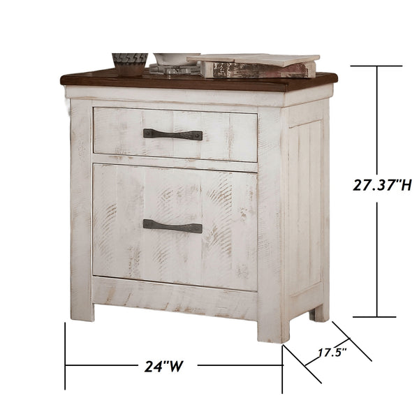 English Elm Plank Distressed White Transitional Nightstand 2-Drawer Solid Wood Bedside Table with Brass Arch Pulls and Felt-Lined French Dovetail Drawers B011P378480