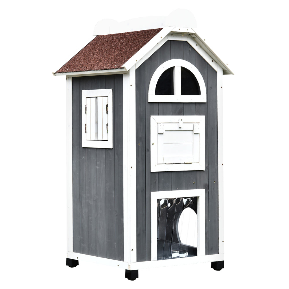 English Elm Cat House Outdoor Three Story Fir Wood Shelter with Hammock and Weatherproof Roof T3971P386401