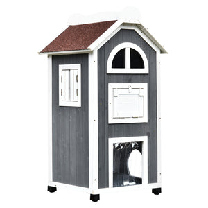 English Elm Cat House Outdoor Three Story Fir Wood Shelter with Hammock and Weatherproof Roof T3971P386401