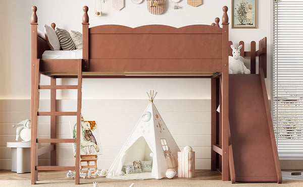 English Elm Twin Loft Bed Solid Pine Frame with Wardrobe Shelving Detachable Slide Kids Room Antique Natural W5305S00025