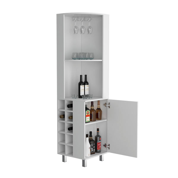 English Elm Kaia Tall Corner Bar Cabinet White Finish Wine Cubbies Stemware Rack Storage B200S00417
