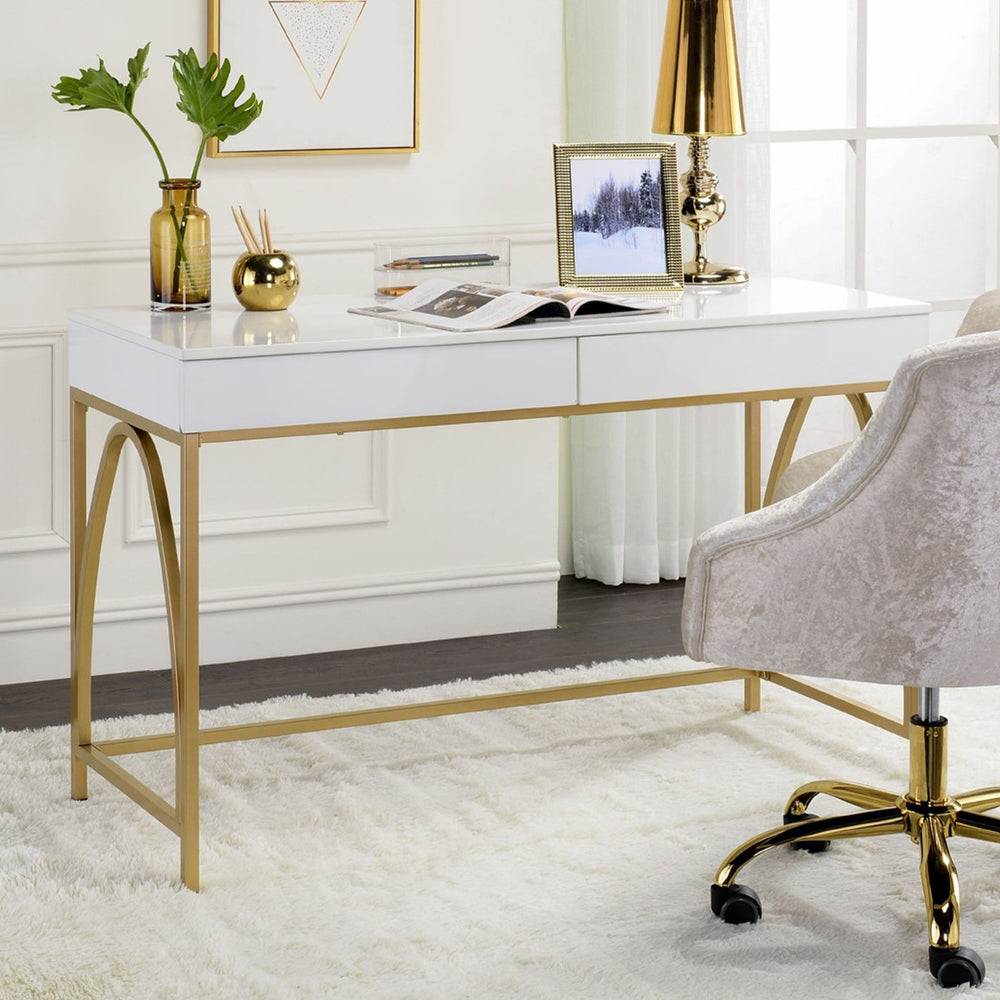English Elm 2 Drawer Writing Desk White High Gloss Top with Gold Metal Trestle Legs, Two Storage Drawers, Glam Home Office Accent Piece B016P317513