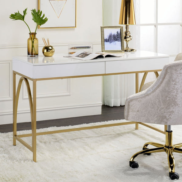 English Elm 2 Drawer Writing Desk White High Gloss Top with Gold Metal Trestle Legs, Two Storage Drawers, Glam Home Office Accent Piece B016P317513