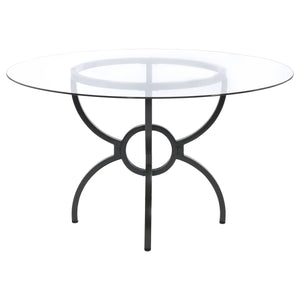 English Elm Marina Round Glass Top Dining Table with Sculptural Gunmetal Base Seats Four B062S01809