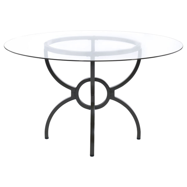English Elm Marina Round Glass Top Dining Table with Sculptural Gunmetal Base Seats Four B062S01809