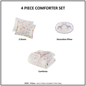English Elm 4 Pcs Floral Reversible Cotton Comforter Set For Full/Queen With Stylish Throw Pillow - Purple Elegance B035P319909
